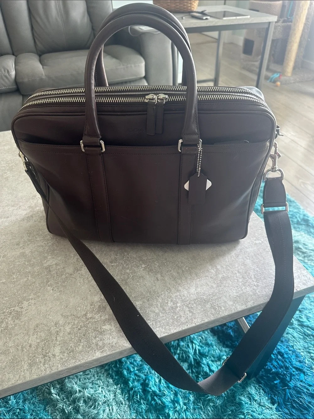 Men's Vintage COACH Dark Brown Leather Briefcase with Detachable Shoulder Strap